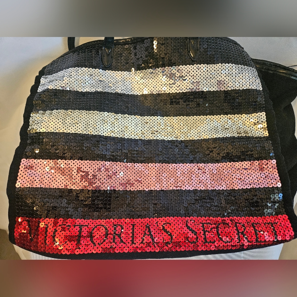 Victoria’s Secret Sequin Stripe Canvas Tote Bag Black Pink Gold Large Carryall